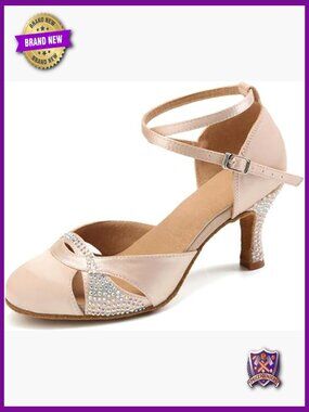 Closed Toe Latin Ballroom Dance Shoes Rhinestones Suede Sole Ankle Strap